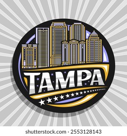 Logotipo vetorial para Tampa, etiqueta redonda decorativa preta com ilustração simples da famosa tampa bay city scape no fundo do céu crepúsculo, design de arte, ímã de geladeira com letras únicas para tampa de texto