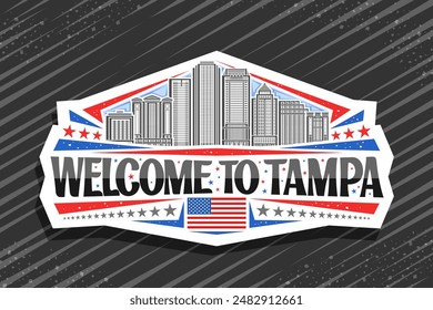 Vector logo for Tampa, decorative cut paper sign with line illustration of urban tampa bay city scape on day sky background, art design horizontal refrigerator magnet with black words welcome to tampa