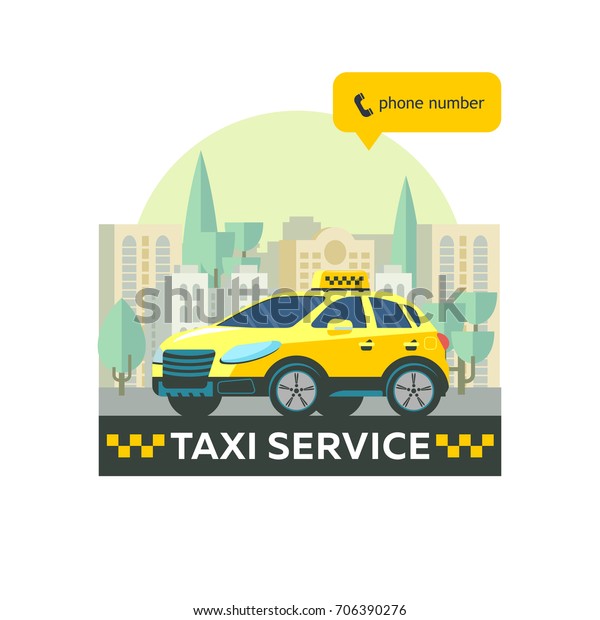 Vector logo of the taxi service. Yellow\
taxi car in the background high rise\
buildings.