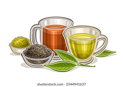 Vektorlogo für Tee Drink, horizontales Poster mit Cartoon-Design, traditionelle Teekomposition, dekoratives Plakat mit sencha grünem und schwarzem Darjeeling-Tee in transparenten Teetassen auf weißem Hintergrund