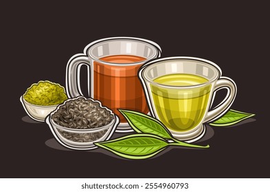 Vector logo for Tea Drink, horizontal poster with cartoon design traditional tea composition, decorative card with japanese green and black sri lankan tea in transparent teacups on black background