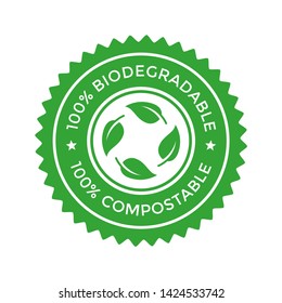  Plantilla de logotipo del vector. 100% Símbolo biodegradable y compostable. Símbolo circular y verde.	