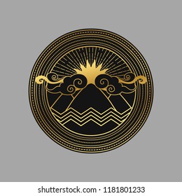 Vector logo template. Abstract landscape with mountains, water and Sun