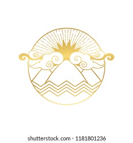 Vector logo template. Abstract landscape with mountains, water and Sun