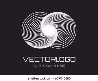 Vector logo template. Abstract white symbol isolated on black background.