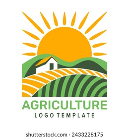 Vector logo template for agriculture, agronomy, private farm or locally grown food. Rural country farming field, natural harvest with house and sun in square shape 
