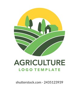 Vektor-Logo-Vorlage für Landwirtschaft, Agronomie, privaten Bauernhof oder lokal angebaute Lebensmittel. Ländlicher Ackerbau, natürliche Ernte mit Haus und Bäumen in Halbkreisform 