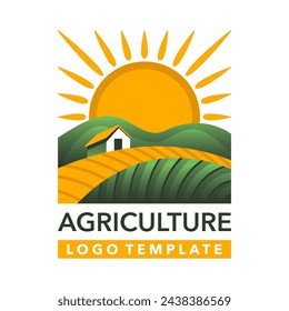 Vector logo template for agriculture, agronomy, private farm or locally grown food. Rural country farming field, natural harvest with house and sun in rectangle shape 