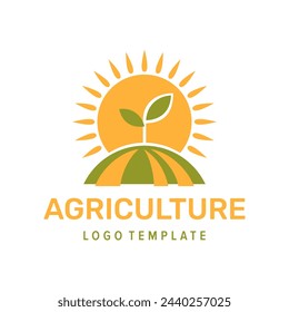 Vector logo template for agriculture, agronomy, private farm or locally grown food. Crop, field and rising sun in symmetrical geometric flat style