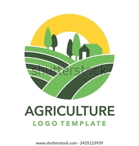 Vector logo template for agriculture, agronomy, private farm or locally grown food. Rural country farming field, natural harvest with house and trees in semicircle shape 