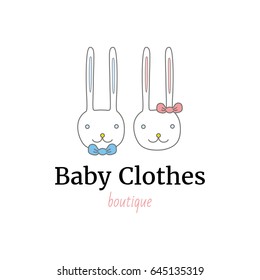 Vector logo template for baby shop or store. Illustration of two cute rabbits with bows. Child logotype. Can be used for print on clothes for boys and girls, decoration, design banners, web.