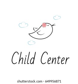Vector logo template for baby shop, store, market or child Center . Illustration of a small bird, decorated with flower. Can be used for print on clothes for boys and girls, design banners, web.