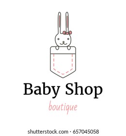 Vector logo template for baby shop, store or market. Cute rabbit sitting in a pocket with pink bow on his ear. Can be used for print on clothes for boys and girls, decoration, design banners, web. 