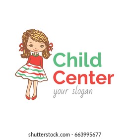 Vector logo template for baby shop, store, market or child center. Illustration of little girl in red shoes in striped skirt. Can be used for print on clothes, decoration, design banners, web. EPS10.