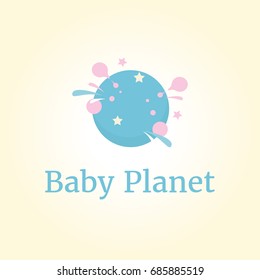Vector logo template for baby shop, store, market or for kids centre, pre-school establishment, kindergarten. Illustration of funny planet. EPS10.