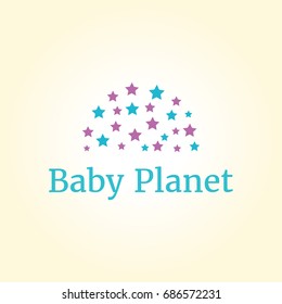 Vector logo template for baby shop, store, market or for kids centre, pre-school establishment, kindergarten. Illustration of half planet of stars. EPS10.