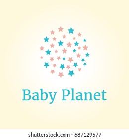 Vector logo template for baby shop, store, market or for kids centre, pre-school establishment, kindergarten. Illustration of planet of stars. EPS10.