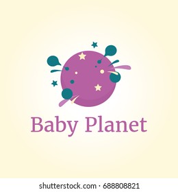 Vector logo template for baby shop, store, market or for kids centre, pre-school establishment, kindergarten. Illustration of funny planet. 