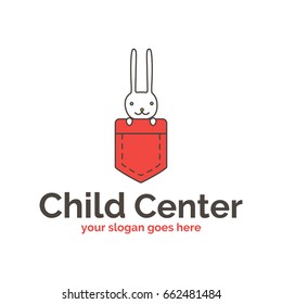 Vector logo template for baby store or market. Cute little rabbit sitting in red pocket. Can be used for print on clothes for boys and girls, decoration, design banners, web. EPS10.