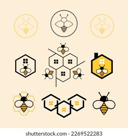 Vector logo template with bee and house emblems - abstract real estate icon and emblem for rentals, realty, wildlife and resorts. Hive logo emblems set