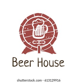 Vector logo template for beer house, pub, isolated on white background. Illustration of  beer glass in grunge style. EPS10. Creative logotype for brewing company.