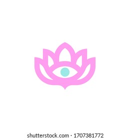 Vector logo template of blooming lotus flower with open third eye. Abstract simple emblem for yoga, meditation, relaxation, inner concentration, self-knowledge or spiritual practice