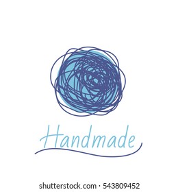 Vector logo template in blue color for wool shop or corporate identity. Illustration of  hand drawn clew. Hobby icon. Handmade.