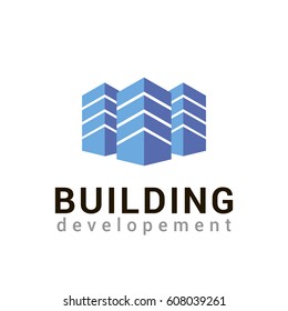 Vector logo template for building company. Three blue houses standing one after another.Building lolotype. EPS10. Architecture icon.