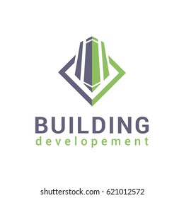Vector logo template for building company. Illustration of a skyscraper half green, half  dark blue. Architecture logotype. EPS10.  