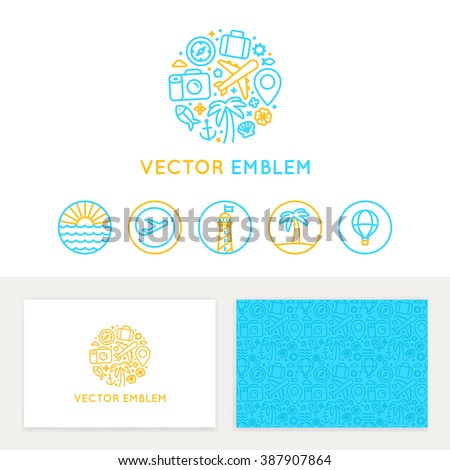 Vector logo template, business card design and linear emblems and icons - travel agency and tour guide 