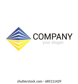 Vector logo template for business company. Illustration two mirror triangles in blue and yellow color. EPS10. Can be used for e-commerce, building, high-tech innovation companies. App icon.