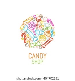 Vector logo template of candy shop with sweets in linear style. Also great for fabric, bakery, cafe design. Vector illustration