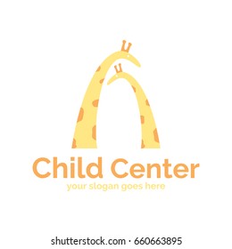 Vector logo template for child center, baby shop, store or market . Illustration of two yellow giraffes: mother and child. Can be used for print on clothes for boys and girls, design banners, web. 