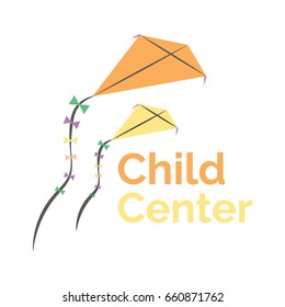 Vector logo template for child center, baby shop, store or market. Illustration of two kites in orange and yellow color. Can be used for print on clothes, decoration, design banners, web. EPS10.