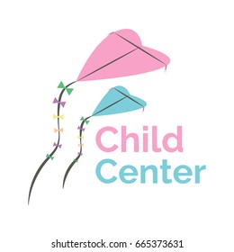 Vector logo template for child center, baby shop, store or market . Illustration of two kites in the shape of heart: mother and child. Can be used for print on clothes, decoration, design banner, web