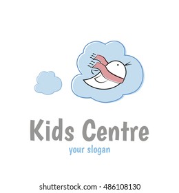 Vector logo template for children centre, pre-school establishments. Illustration of a bird with a scarf on the background of clouds.