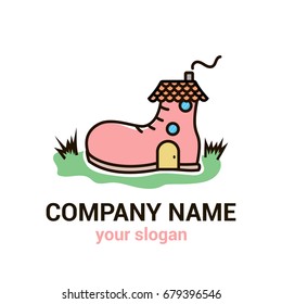 Vector logo template for children's shoe store or shop. Illustration of a boot made in the form of house with roof, windows and door. EPS10.