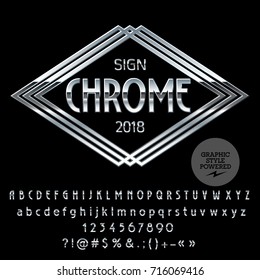 Vector Logo Template. Chrome Alphabet set of letters, numbers and symbols. Silver Font contains Graphic Style