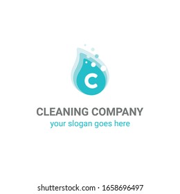 Vector logo template for cleaning company. Illustration of blue drop with bubbles. Flat icon.