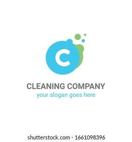 Vector logo template for cleaning company. Illustration of drop with blue and green bubbles. Flat icon.