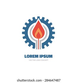 Vector logo template concept illustration. Gear and fire flame sign. Hot warm generation. Technology factory symbol. Design element. 