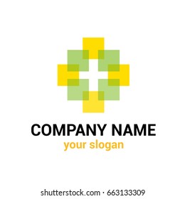Vector logo template for construction companies, high-tech innovation, e-commerce. Abstract logo. Four yellow and green squares. Design elements. EPS10.