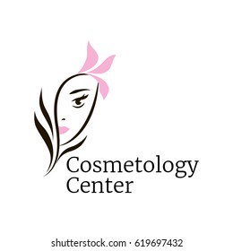 Vector logo template for cosmetology center or beauty salon. A woman's face with a flower. SPA icon. EPS10.
