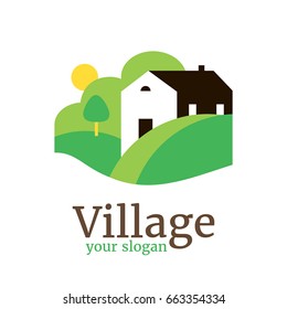 Vector logo template for country village, organic farm. Illustration of country house with hills and garden. Eco product sign. EPS10. Rural landscape.