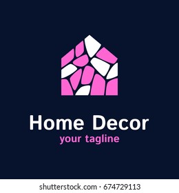 Vector logo template for decor company. Illustration of house consists of pink and white stones. EPS10. Design concept for real estate company. Home icon.