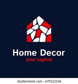 Vector logo template for decor company. Illustration of house consists of red and white stones. EPS10. Design concept for real estate company. Home icon.
