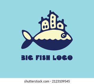 Vector logo template depicting a big fish with houses on its back 