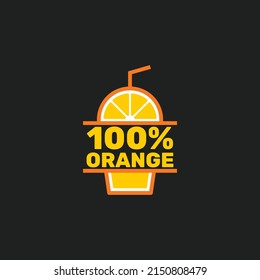 Vector logo template design 100 percent fresh orange juice. Simple illustration of a plastic drink cup with a straw. Business logo for lemon juice, squeezed citrus, smoothies or lemonade.