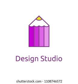 Vector logo template for design studio. Illustration of pencil in pink color. Creative logotype for architectural company. EPS10.