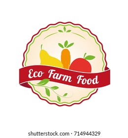 Vector logo template for eco farm products. lllustration of carrot, apple and pear. Vegan badge. Can be used for vegetarian cafe, store or shop. EPS10. Circle eco logotype.